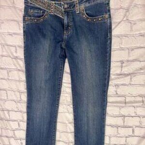 Belted, beaded straight leg blue jeans